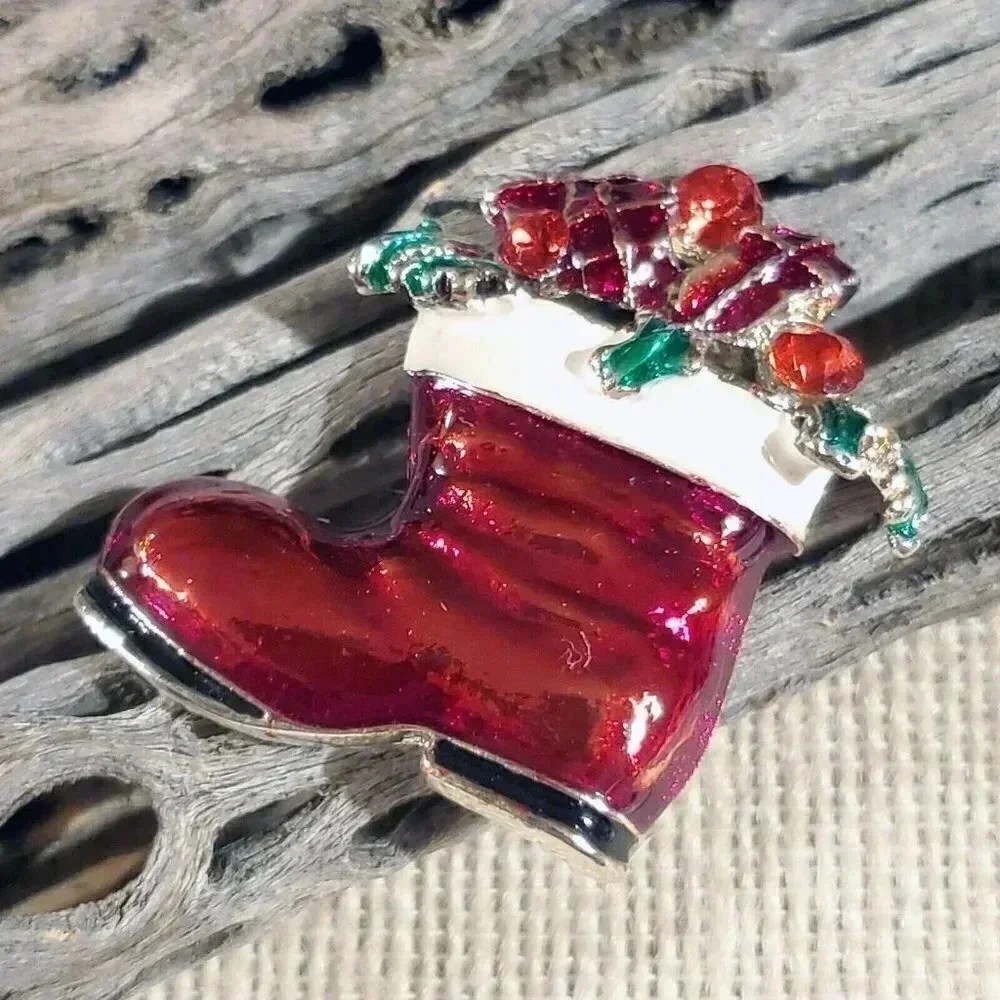 Y2K 90s Christmas Stocking Boot Rhinestone Enamel Christmas Sweater Pin Brooch - Picture 5 of 6